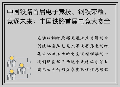 中国铁路首届电子竞技、钢铁荣耀，竞逐未来：中国铁路首届电竞大赛全新启程